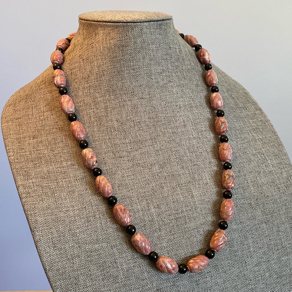 Vintage Pink Marbled & Black Beaded Necklace 26”